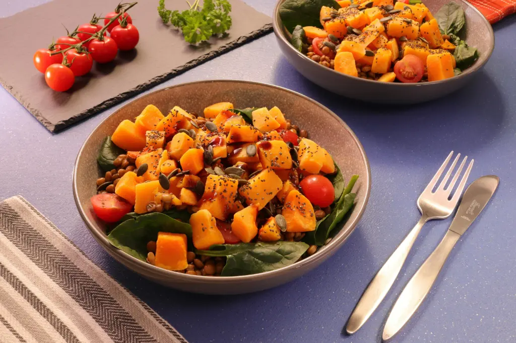 Salade de lentilles, potimarron rôti et feta