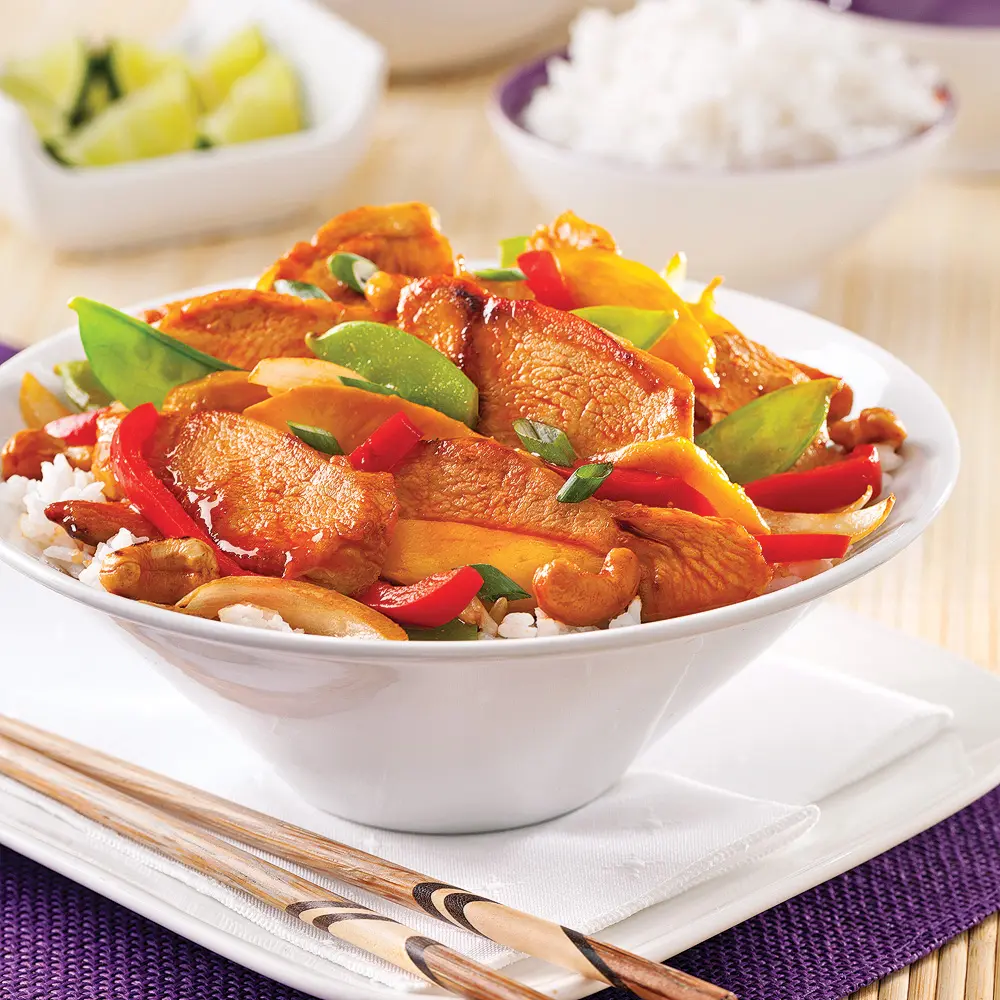 Sweet & sour chicken with mushrooms and bell peppers 